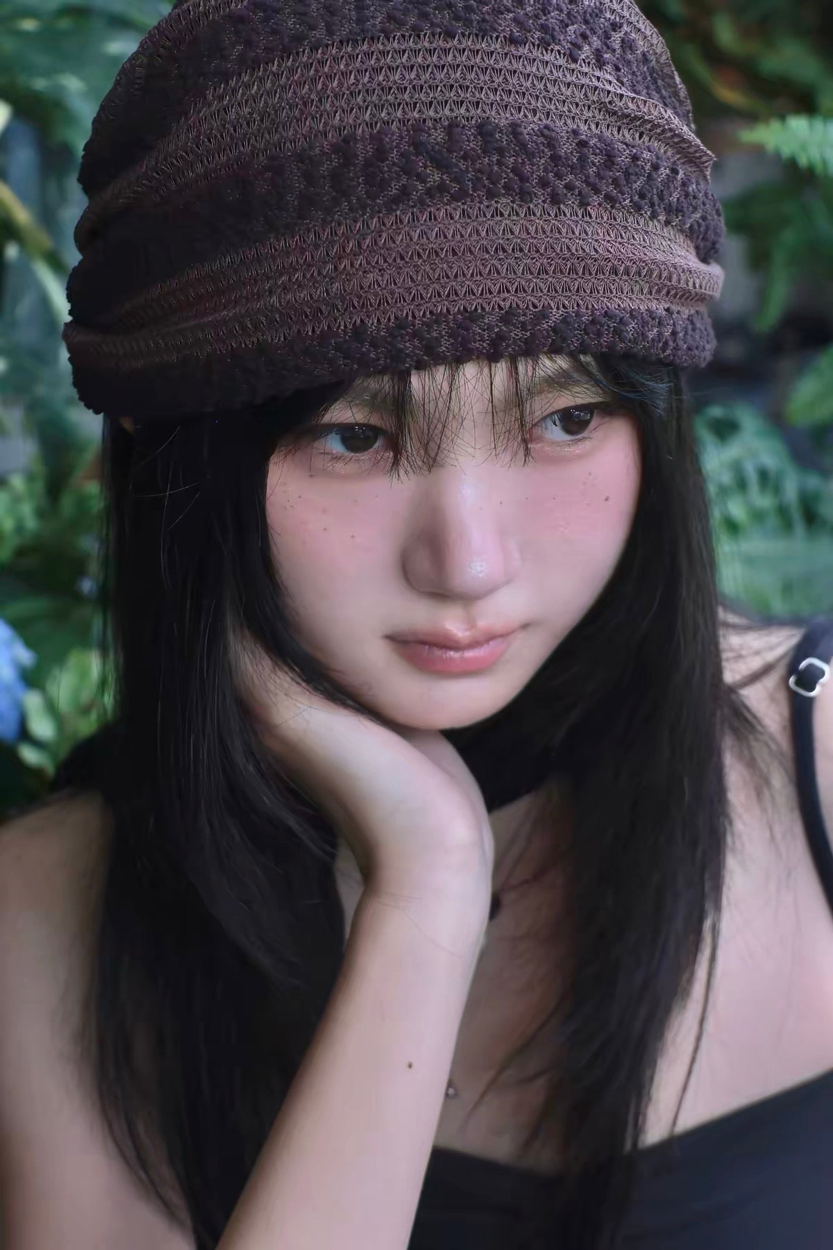 WUYE リボンタイニットスカーフ帽 パープルブラウン アップ